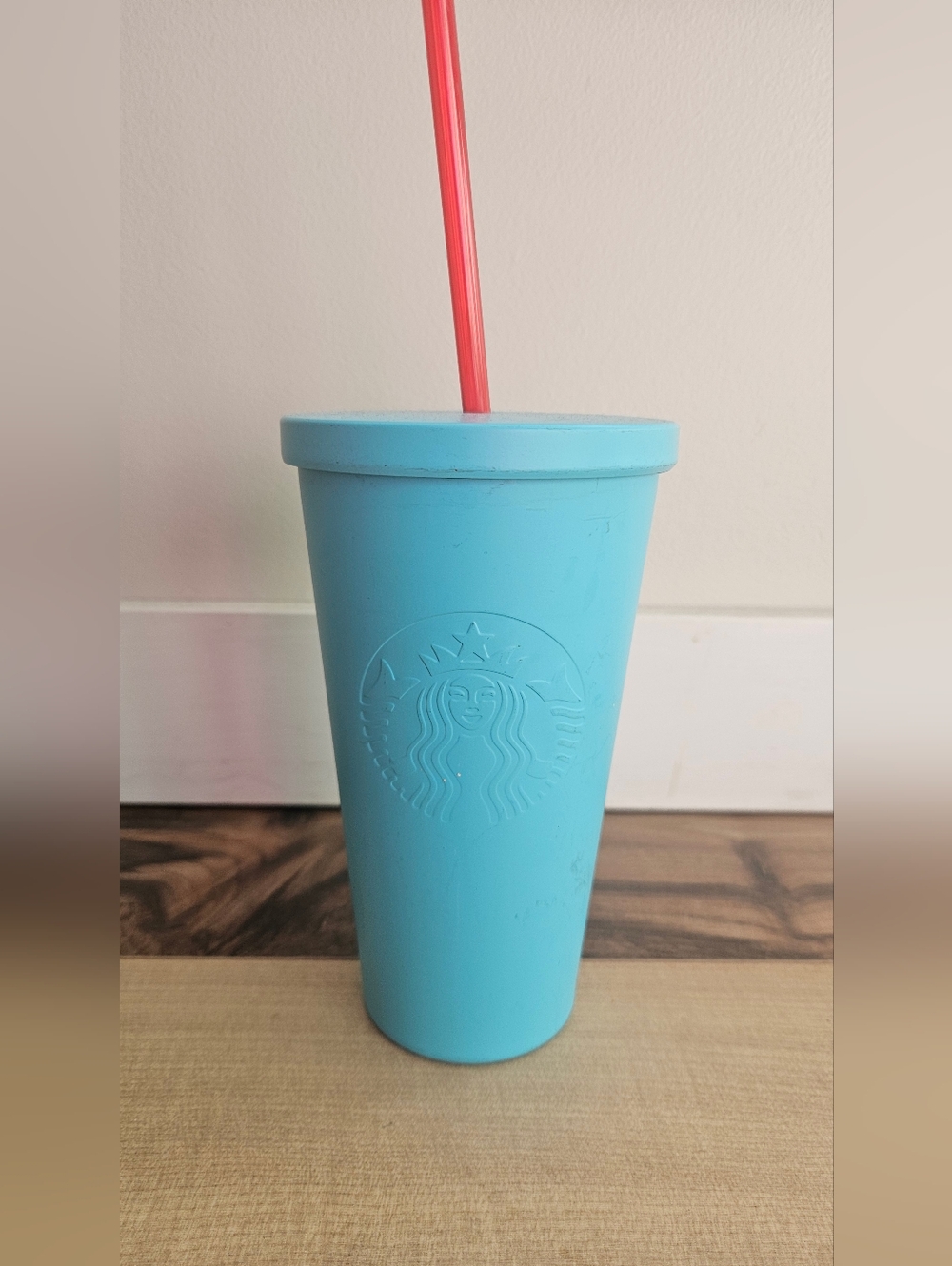 Starbucks Light Blue Tumbler with Coral Pink Straw